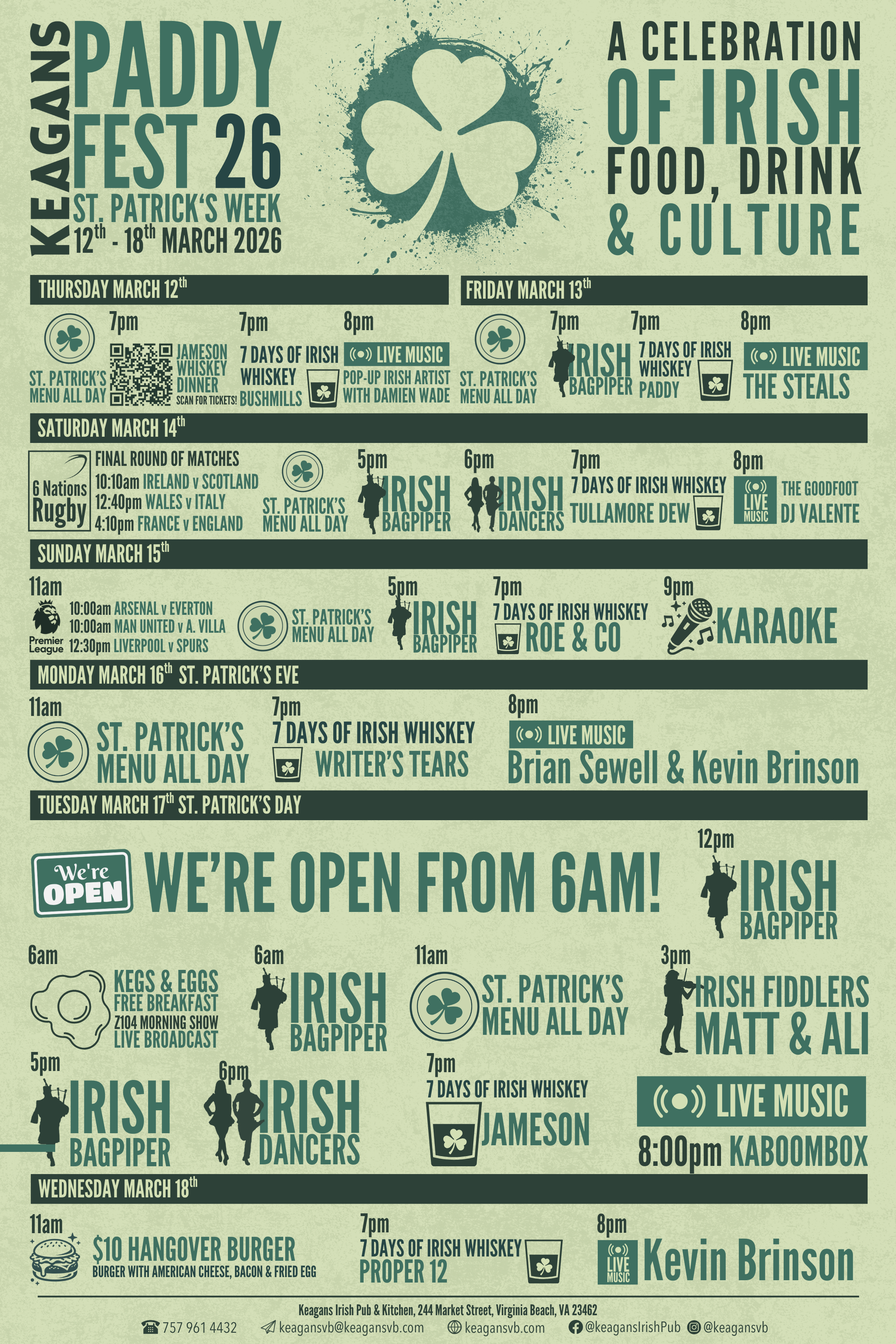 Keagans Paddy Fest 2026. St. Patrick's Day 2026. Live Music & Events. 244 Market Street, Virginia Beach VA 23462