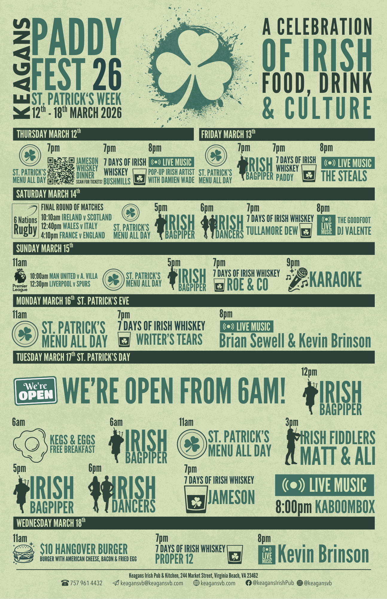 Keagans Paddy Fest 2026. St. Patrick's Day 2026. Live Music & Events. 244 Market Street, Virginia Beach VA 23462
